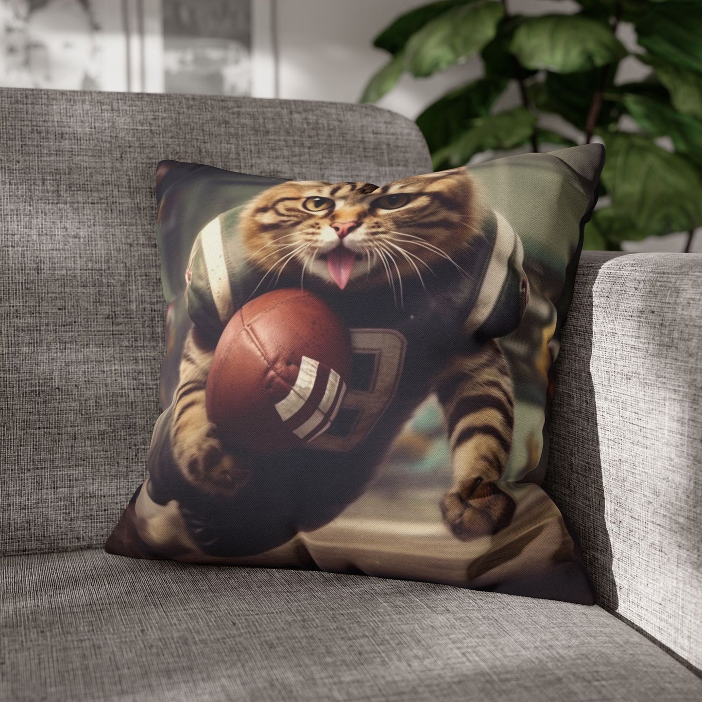 Football Field Felines: Kitty Cats in Sport Tackling Scoring Game Position - Spun Polyester Square Pillow Case