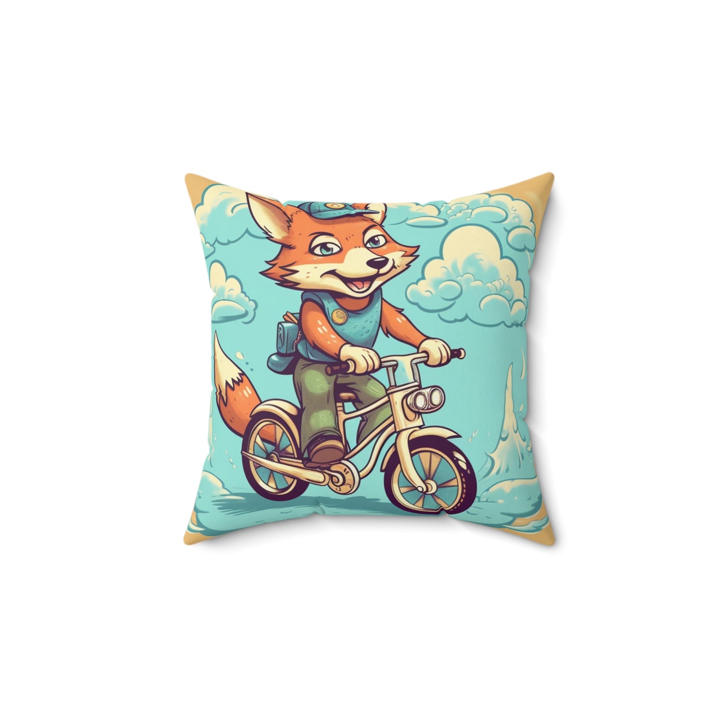 Fox Bike Ride Adventure Graphic Cyclist Spun Polyester Square Pillow