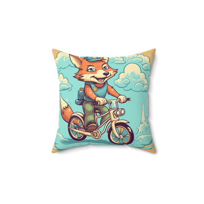 Fox Bike Ride Adventure Graphic Cyclist Spun Polyester Square Pillow