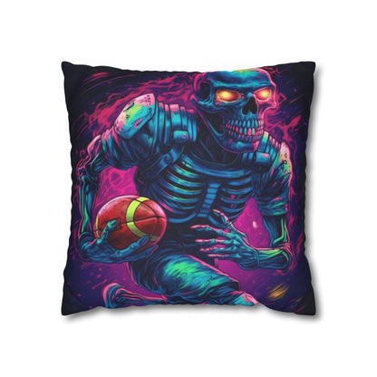 Spooky Football Game: Fantasy Skeleton Athlete Running with Ball, Sporty Halloween - Spun Polyester Square Pillow Case