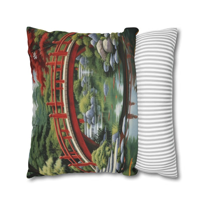 Japanese Garden Art - Tranquil Koi Pond Red Bridge Spun Polyester Square Pillow Case