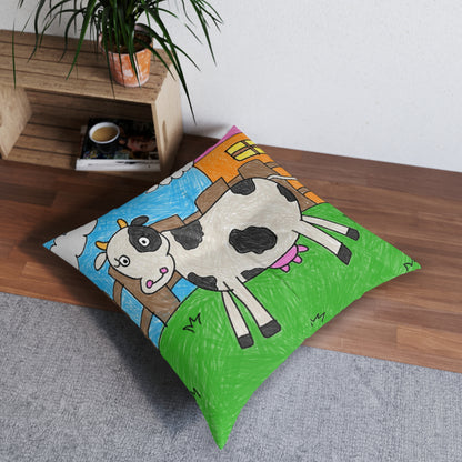 Cow Moo Farm Barn Animal Character Tufted Floor Pillow, Square