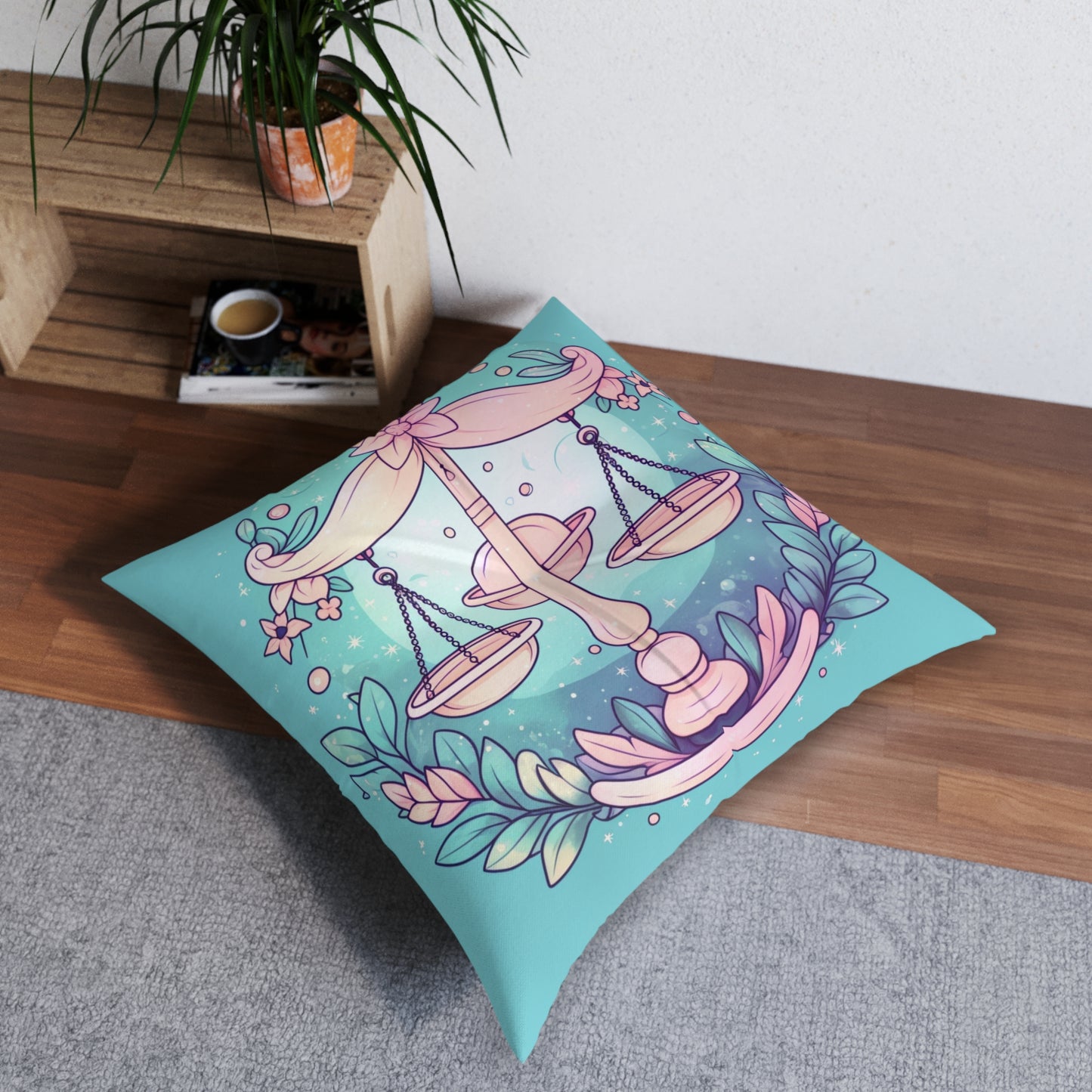 Libra Astrology - Soft Lighting & Pastel Zodiac Sign Symbol - Tufted Floor Pillow, Square