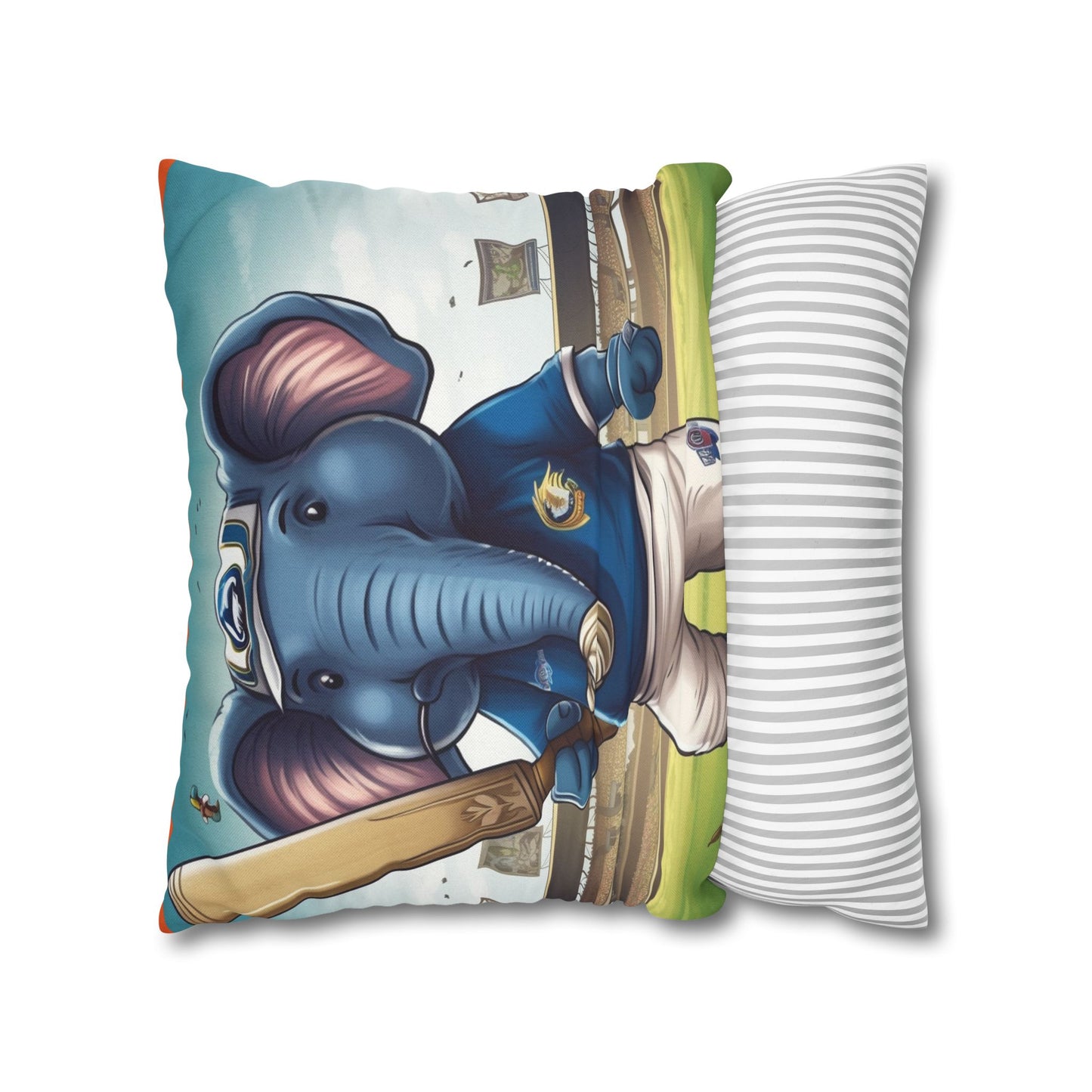 India Elephant Cricket Sport Star: Pitch, Run, Stump Game - Animated Charm - Spun Polyester Square Pillow Case