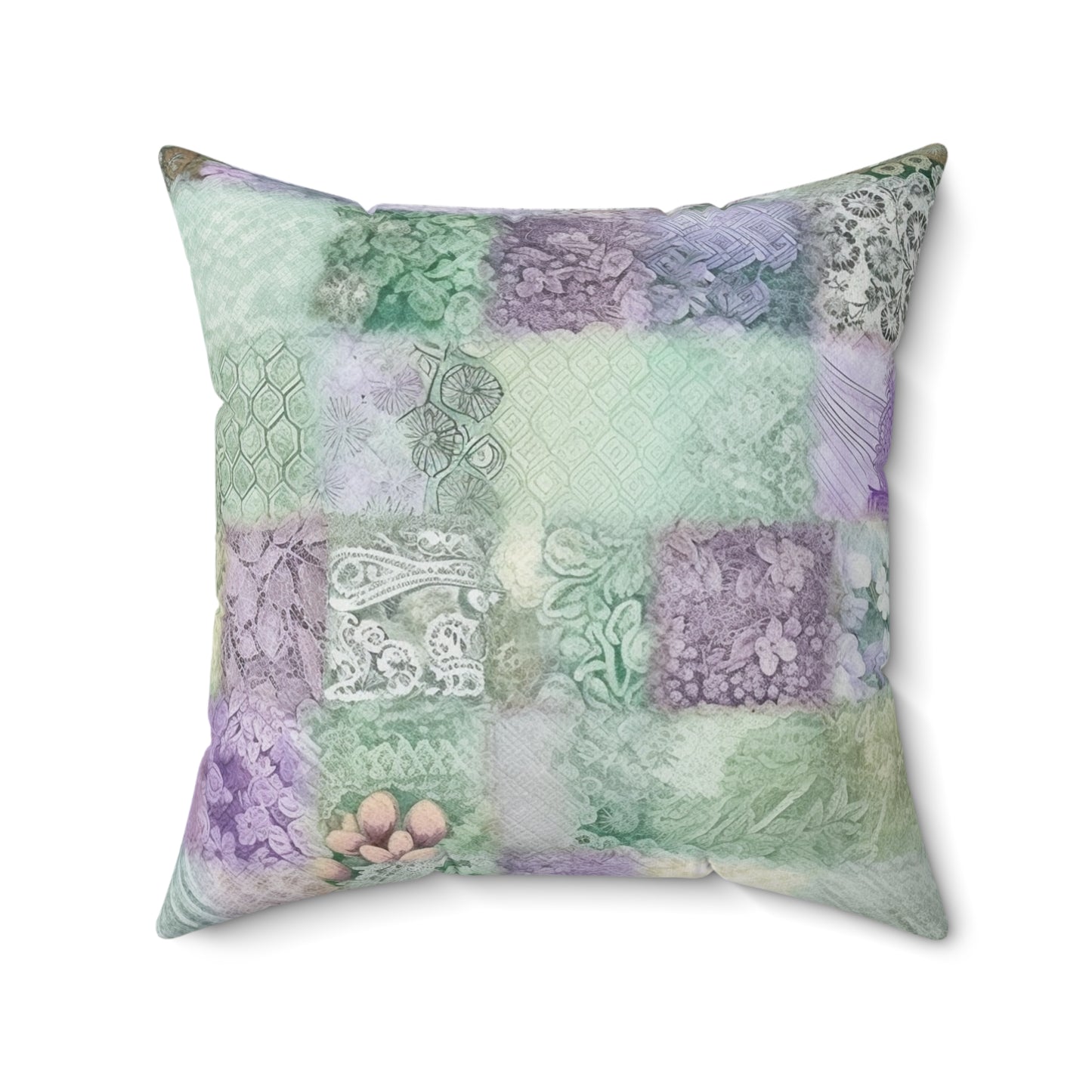 Medley Patchwork - Muted Pastels, Gingham & Lace, Boho Paisley Mix, Quilted Aesthetic Design - Spun Polyester Square Pillow