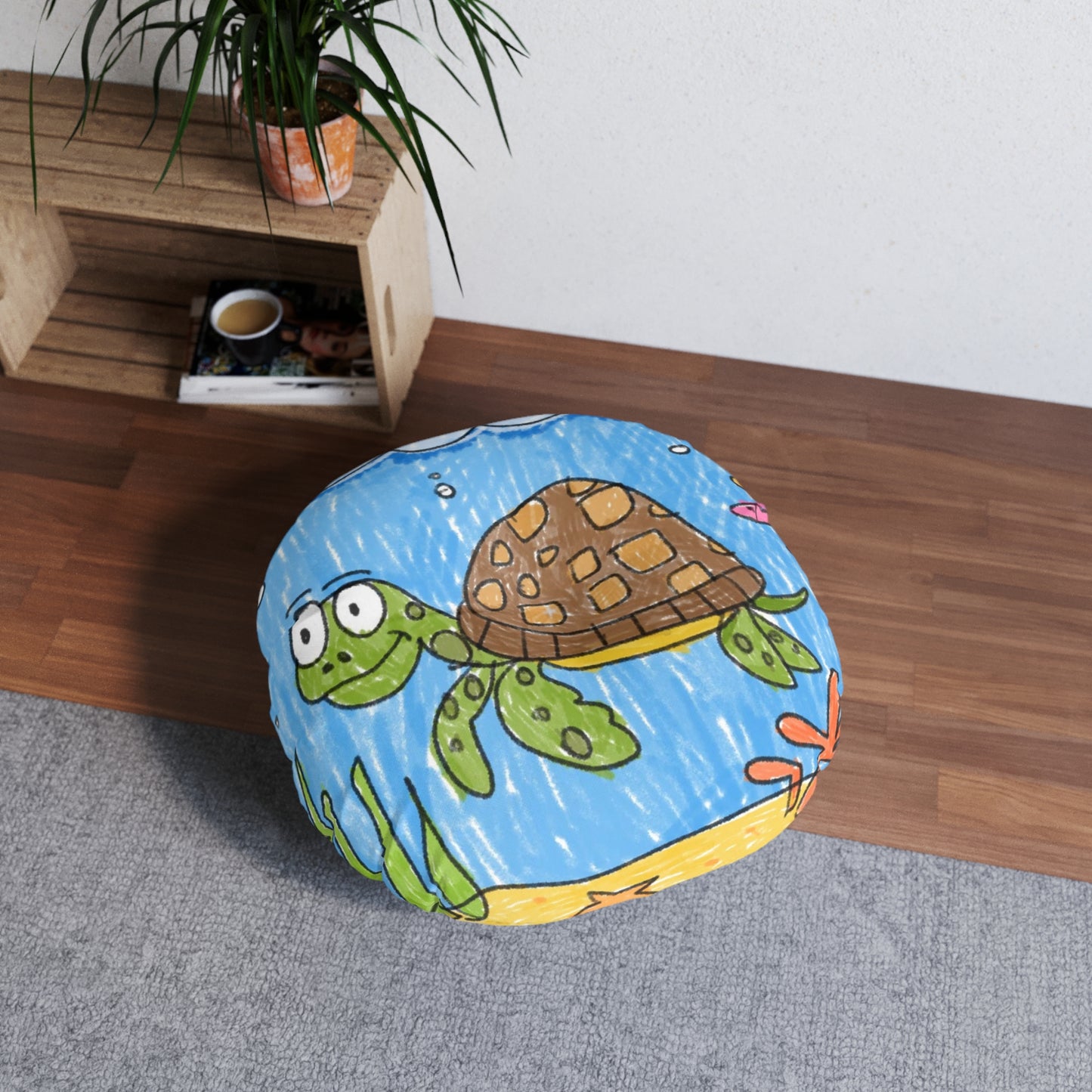 Sea Turtle Beach Sand Ocean Tufted Floor Pillow, Round