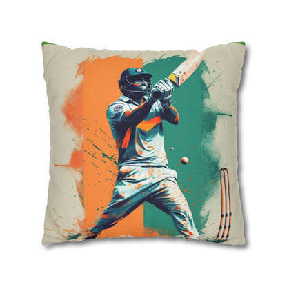 Cricket Batsman, Ball Strike, Indian Flag Color Background - Street Style - Spun Polyester Square Pillow Case