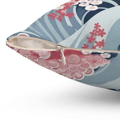 Japanese Minimalist Waves & Cherry Blossoms Pattern Spun Polyester Square Pillow