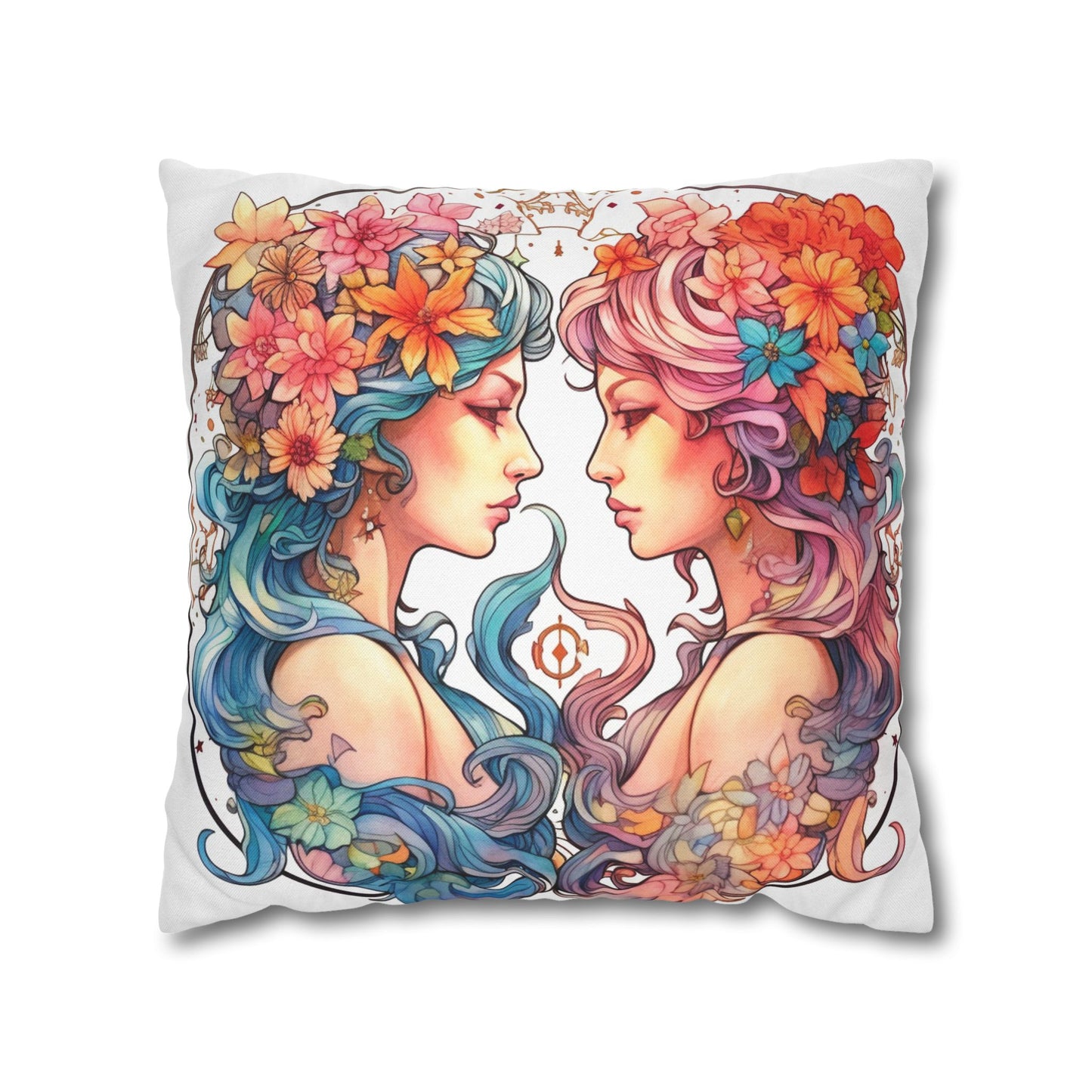 Zodiac Gemini Clipart - Twins Symbol, Whimsical Comic Style - Spun Polyester Square Pillow Case