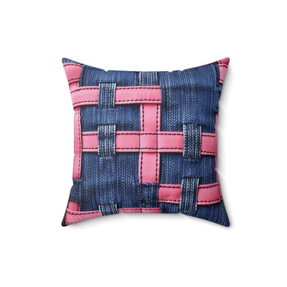 Candy-Striped Crossover: Pink Denim Ribbons Dancing on Blue Stage - Spun Polyester Square Pillow