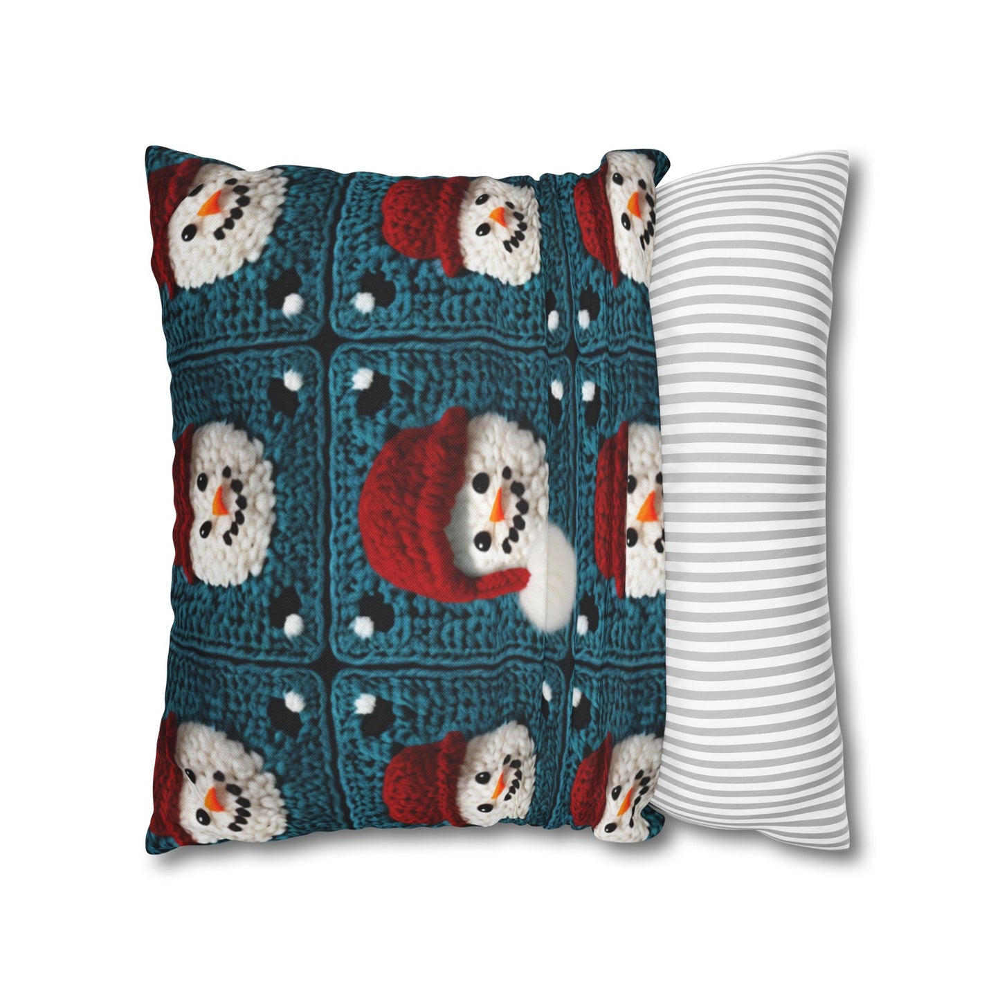 Snowman Crochet Craft, Festive Yuletide Cheer, Winter Wonderland - Spun Polyester Square Pillow Case