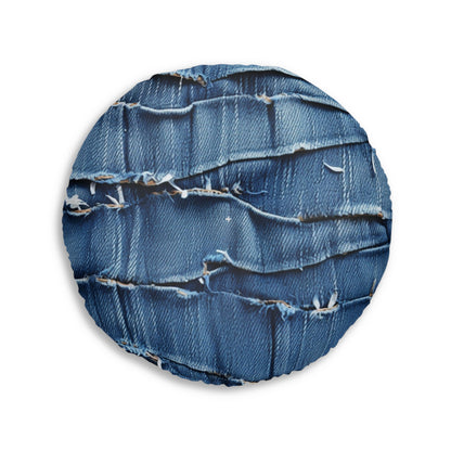 Midnight Blue Distressed Denim: Rugged, Torn & Stylish Design - Tufted Floor Pillow, Round