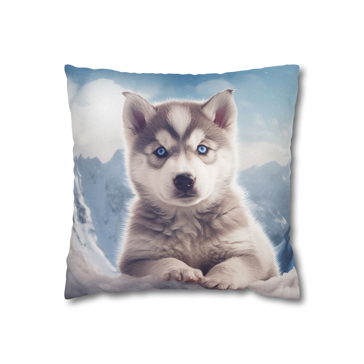 Husky Puppy Winter Wonder - Snowy Mountain Backdrop Spun Polyester Square Pillow Case