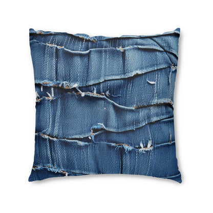 Midnight Blue Distressed Denim: Rugged, Torn & Stylish Design - Tufted Floor Pillow, Square