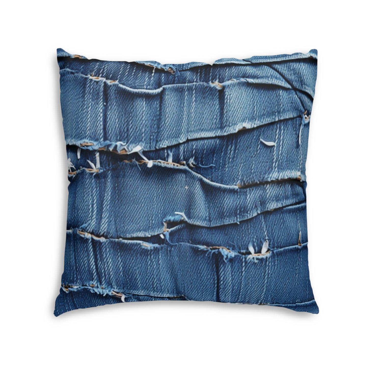 Midnight Blue Distressed Denim: Rugged, Torn & Stylish Design - Tufted Floor Pillow, Square