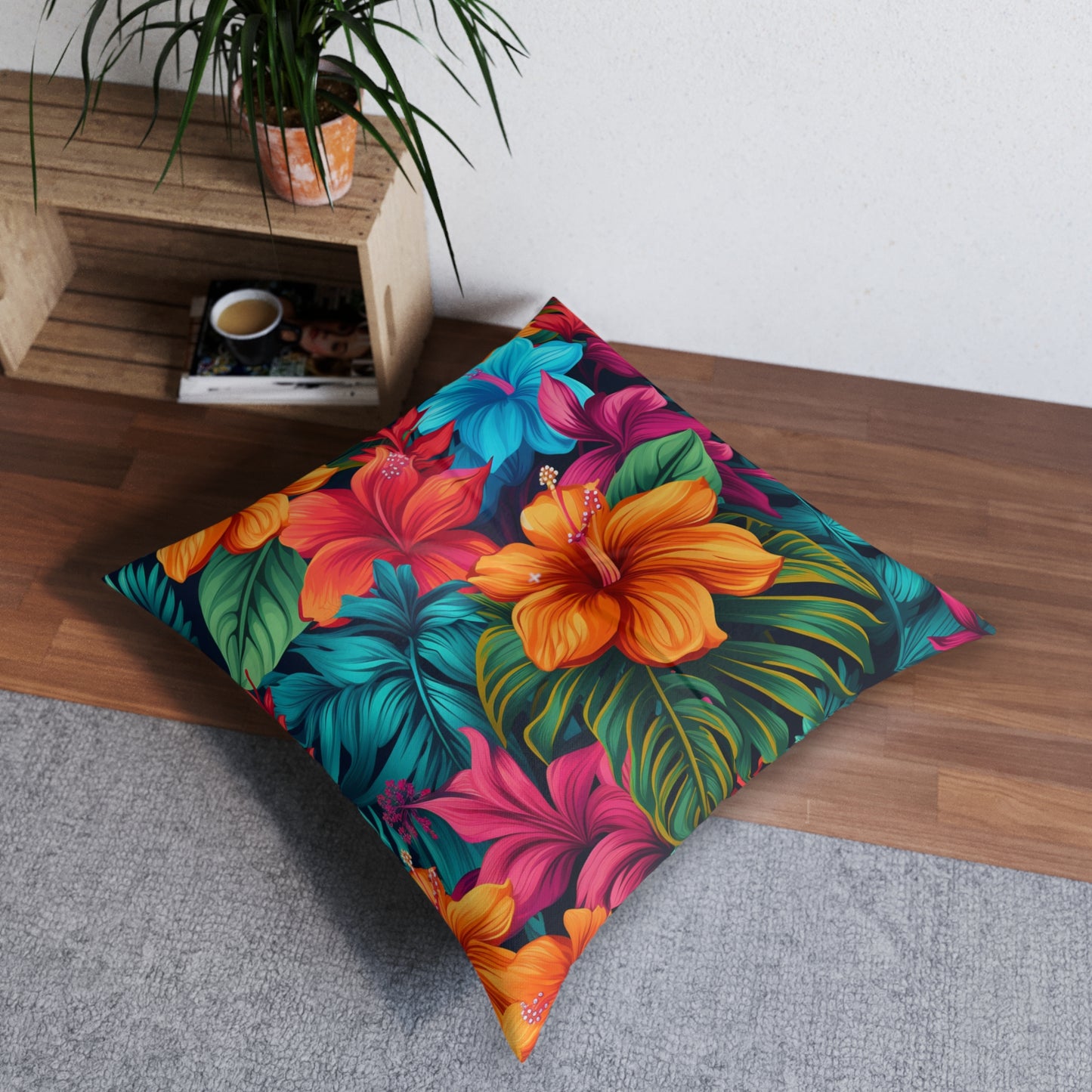 Hawaiian-Inspired Tropical Floral Pattern Design Tufted Floor Pillow, Square