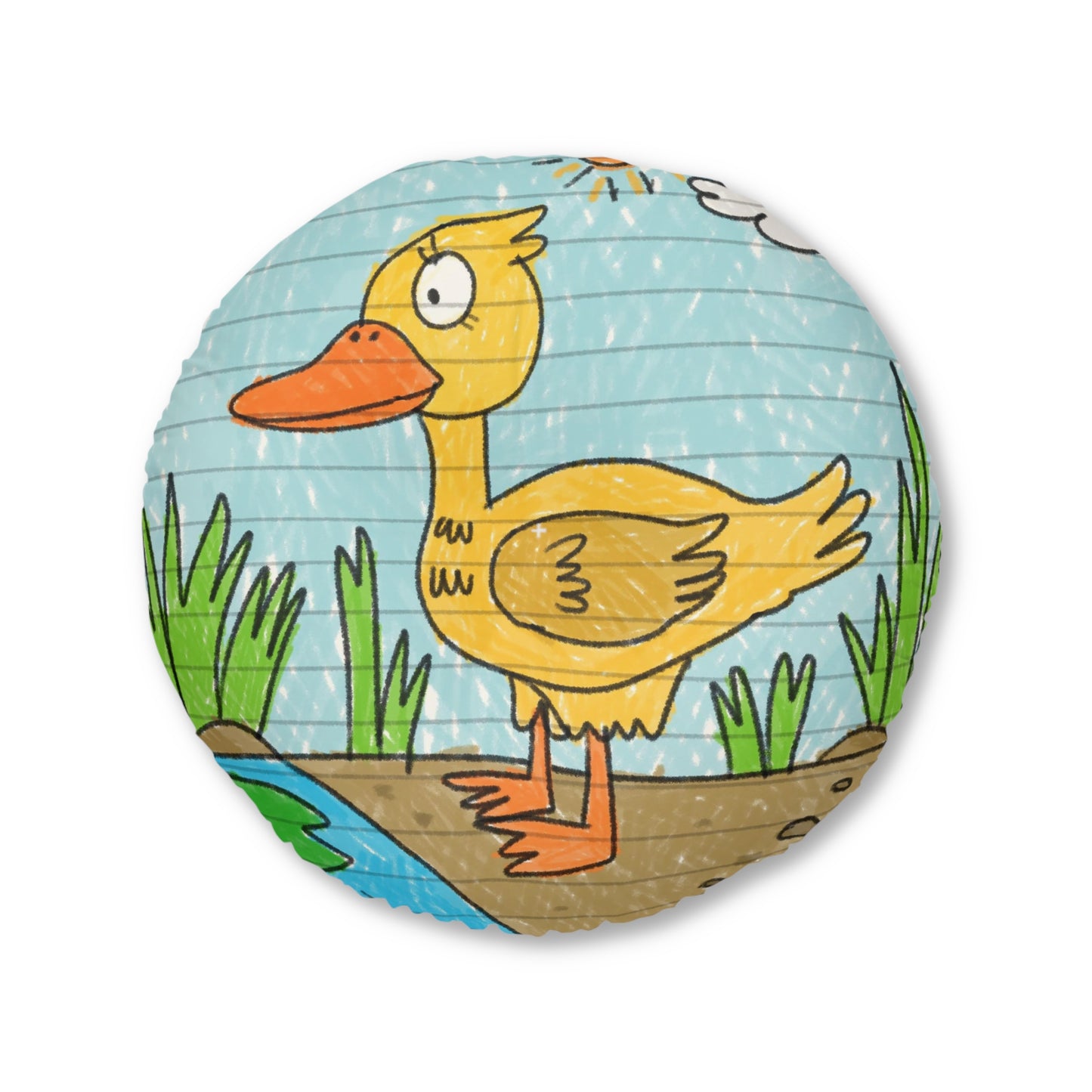 Yellow Duck Bird Pond Tufted Floor Pillow, Round