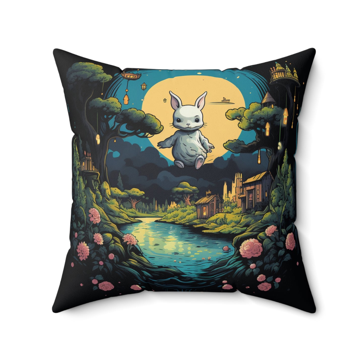 White Rabbit Mystery Psychedelic Fantasy Anime Cartoon Bunny - Spun Polyester Square Pillow