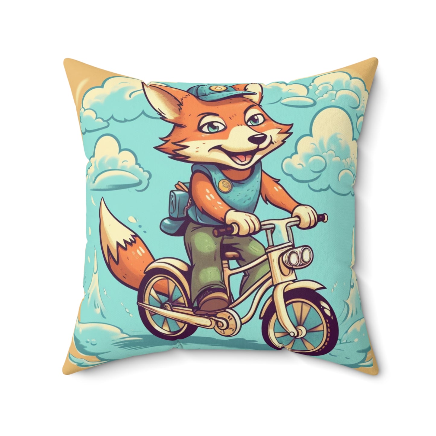 Fox Bike Ride Adventure Graphic Cyclist Spun Polyester Square Pillow