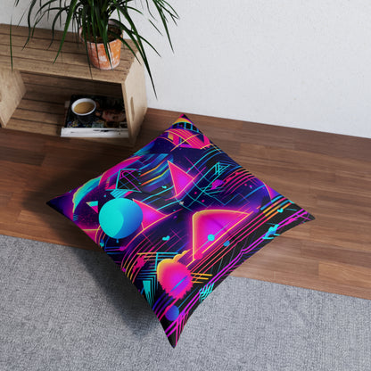 80s Synthwave Retro-Futuristic Inspired Pattern Design Tufted Floor Pillow, Square