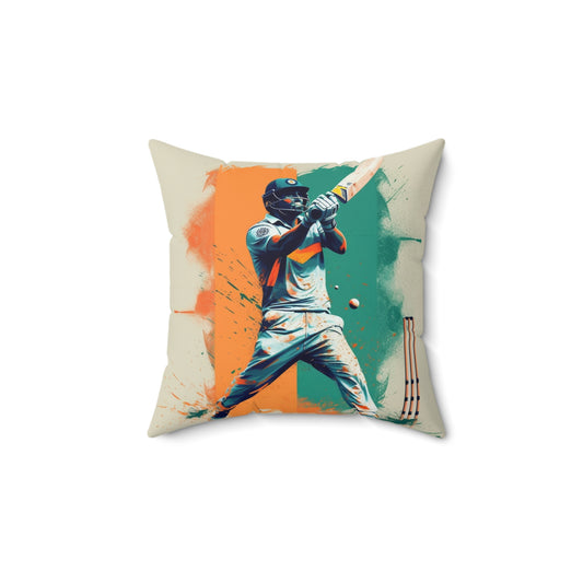 Cricket Batsman, Ball Strike, Indian Flag Color Background - Street Style - Spun Polyester Square Pillow