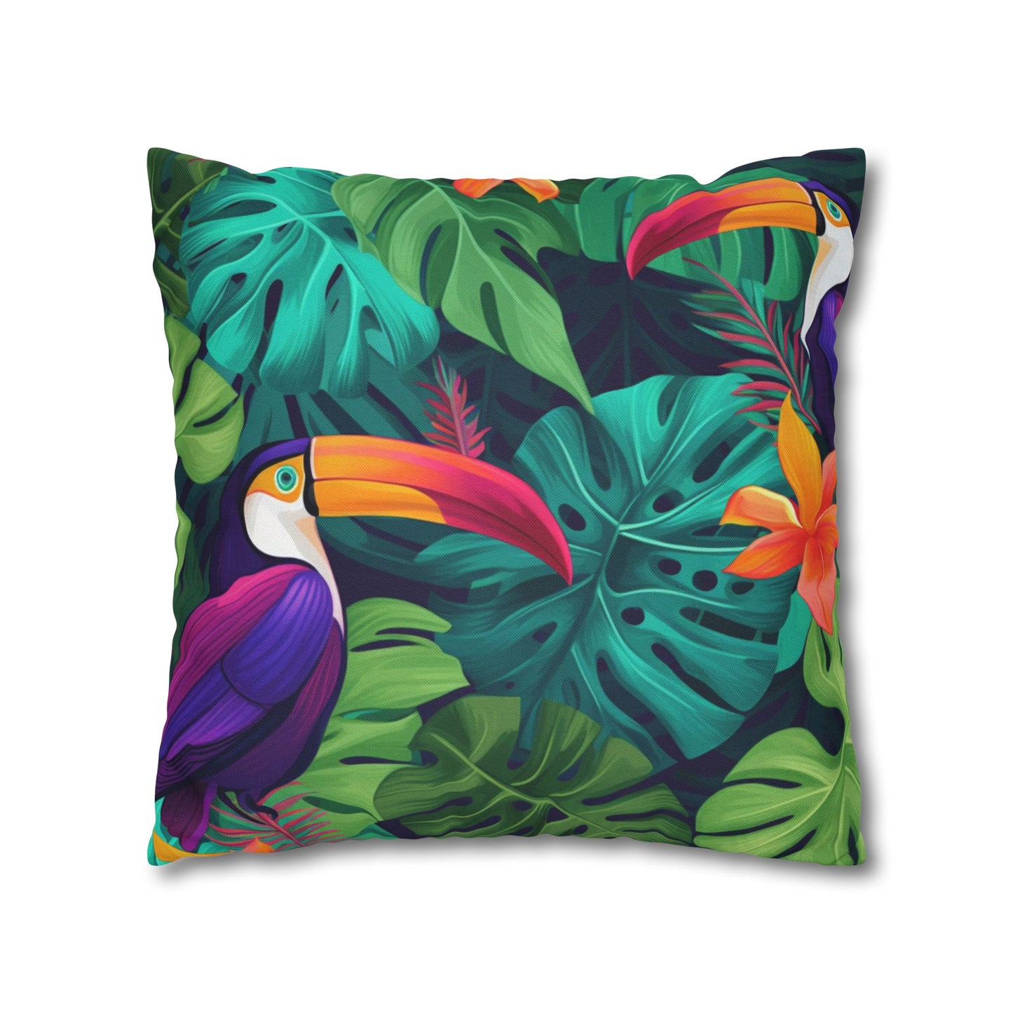 Vivid Tropical Birds & Leaves - Seamless Pattern Spun Polyester Square Pillow Case