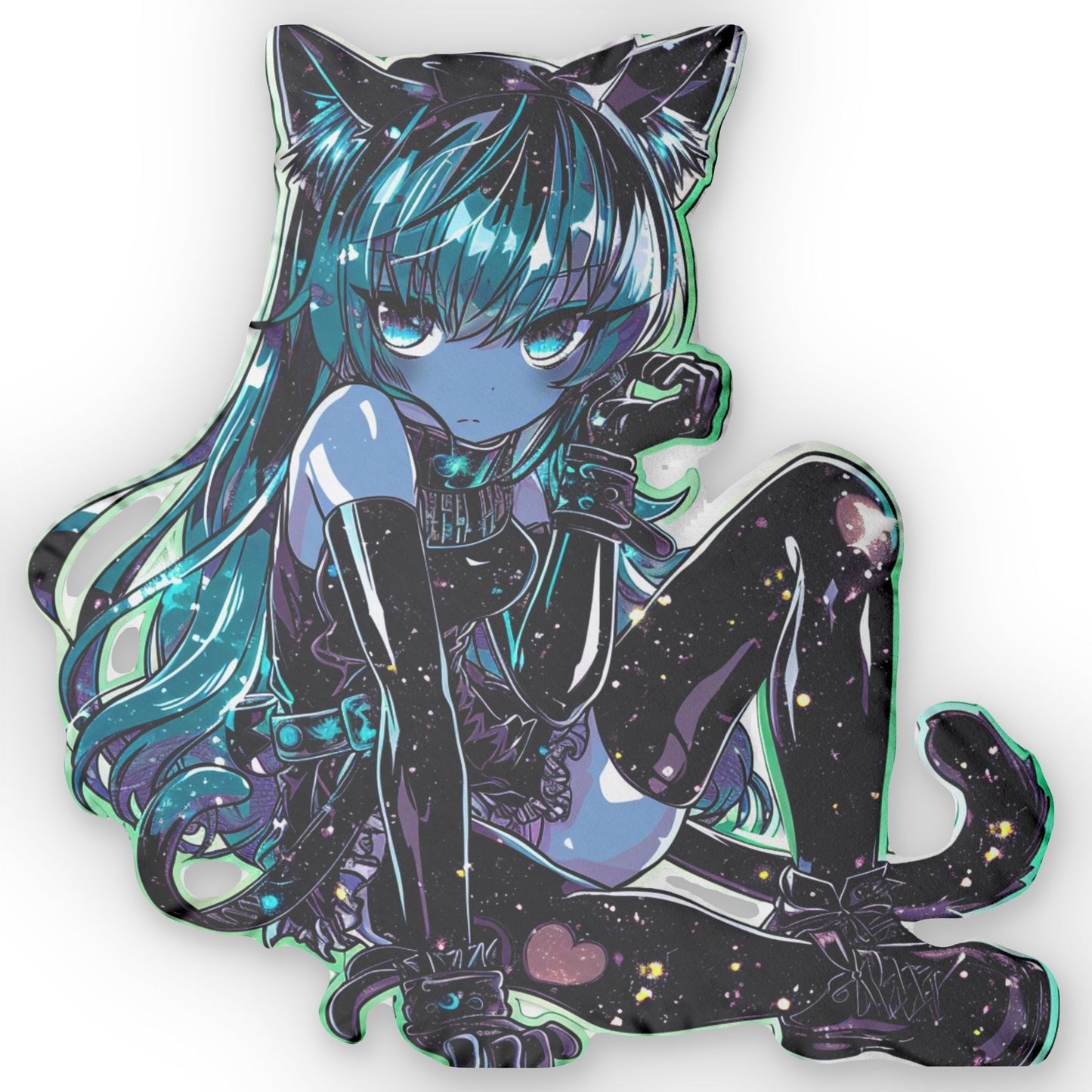 Cosmic Catgirl, Space-Themed Anime, Galactic Gamer Girl Illustration, Starry Dark Night Character, Manga Cosmic Beauty, Shaped Pillow