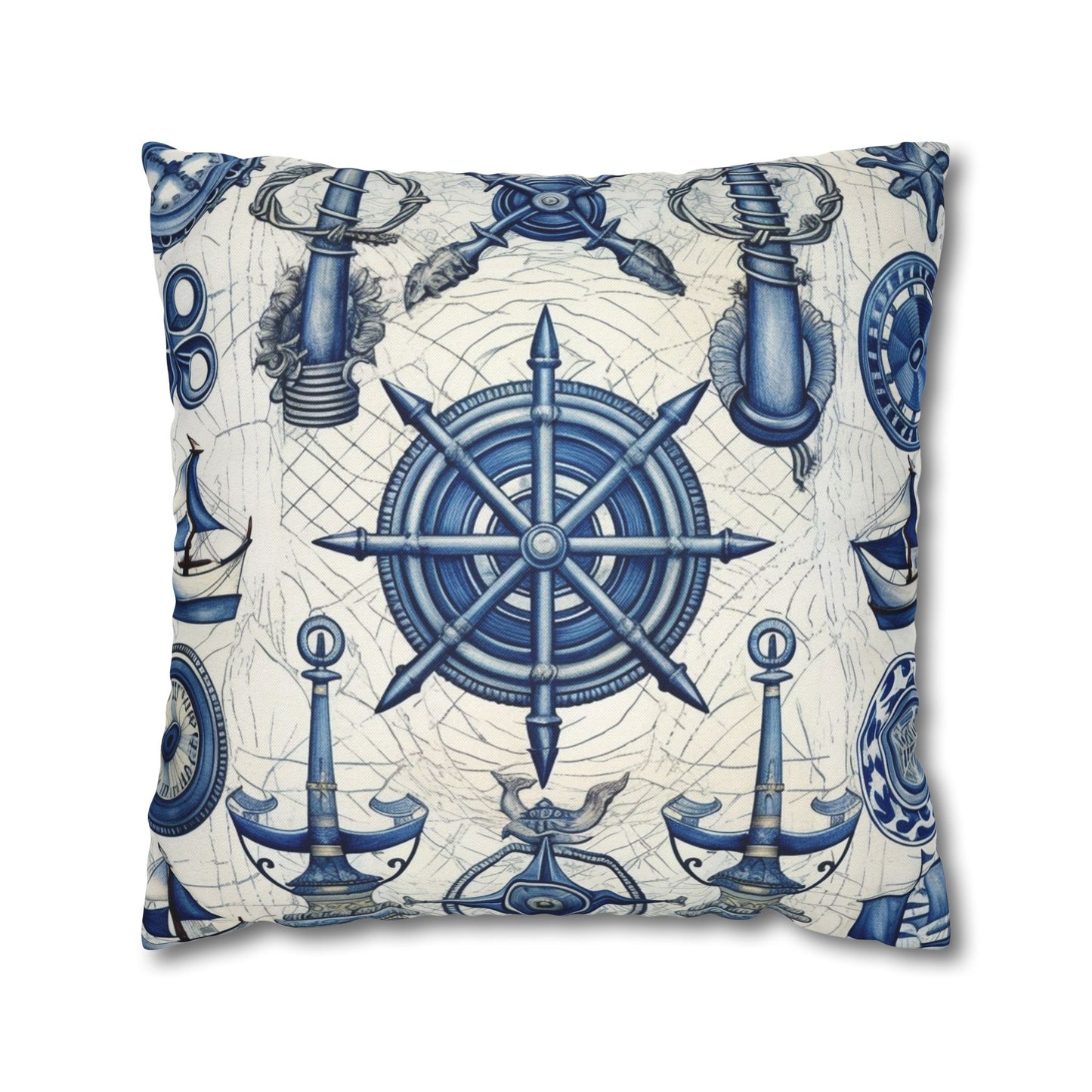 Nautical Theme Art - Anchors, Ropes, Compass Spun Polyester Square Pillow Case