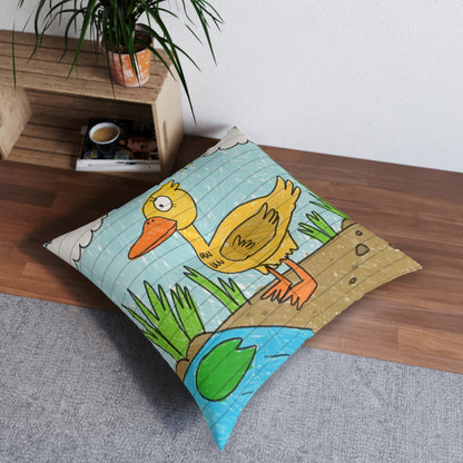 Yellow Duck Bird Pond Tufted Floor Pillow, Square