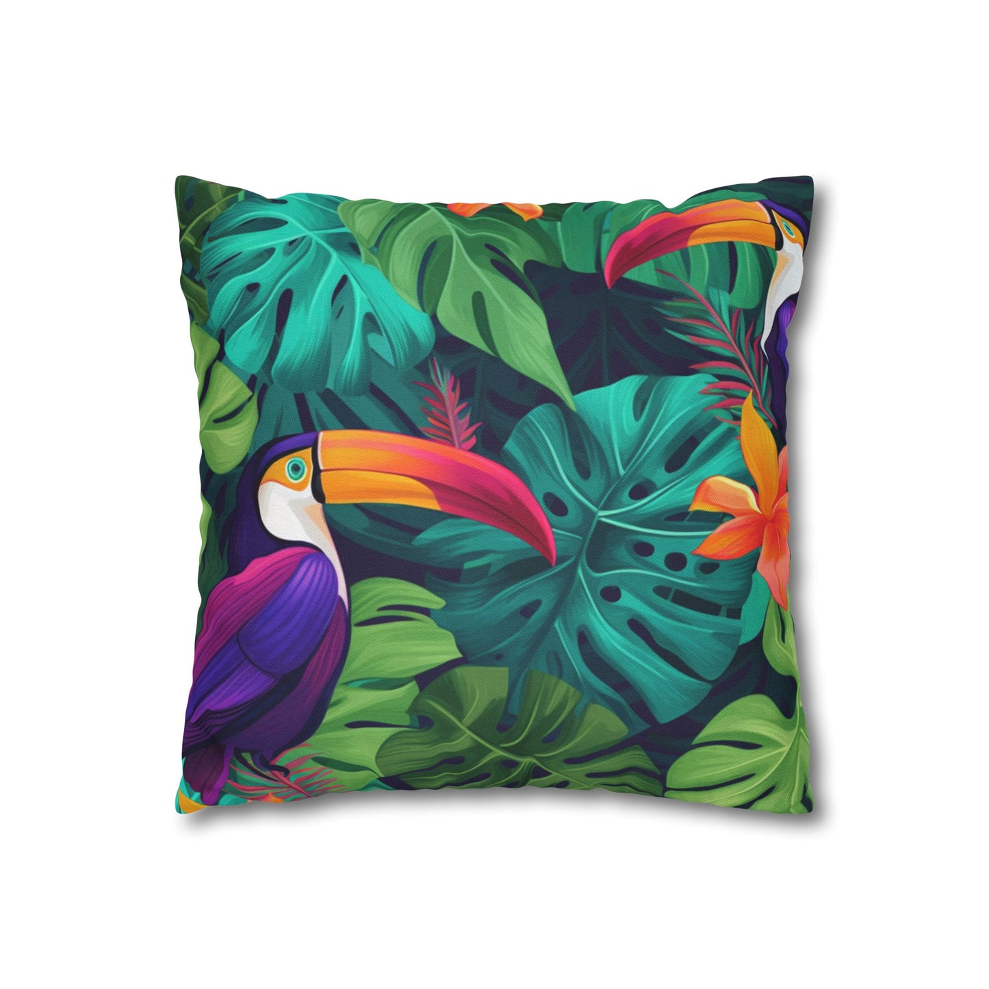 Vivid Tropical Birds & Leaves - Seamless Pattern Spun Polyester Square Pillow Case