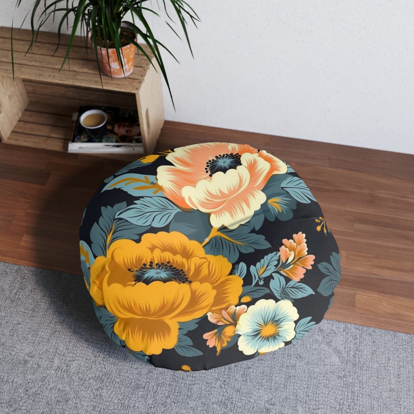 Vintage 50s 60s Inspired High-Waisted Floral Flower Pattern Tufted Floor Pillow, Round