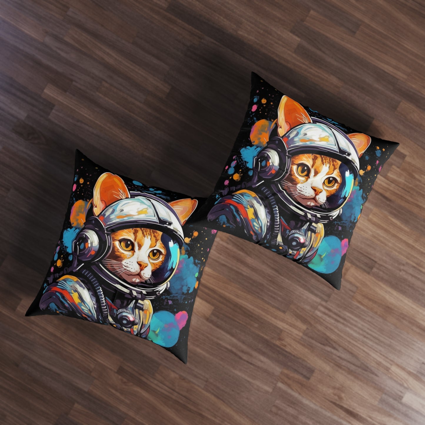 Astro Cat Adventure Feline - Pop Art, Floating in Cosmic Space - Tufted Floor Pillow, Square