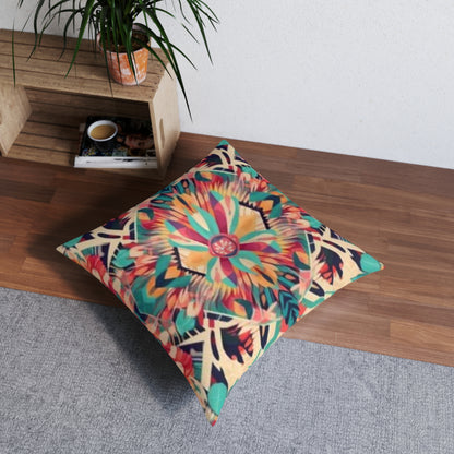 Boho Vibes: Handmade Summer Bohemian Print Pattern Artwork Tufted Floor Pillow, Square