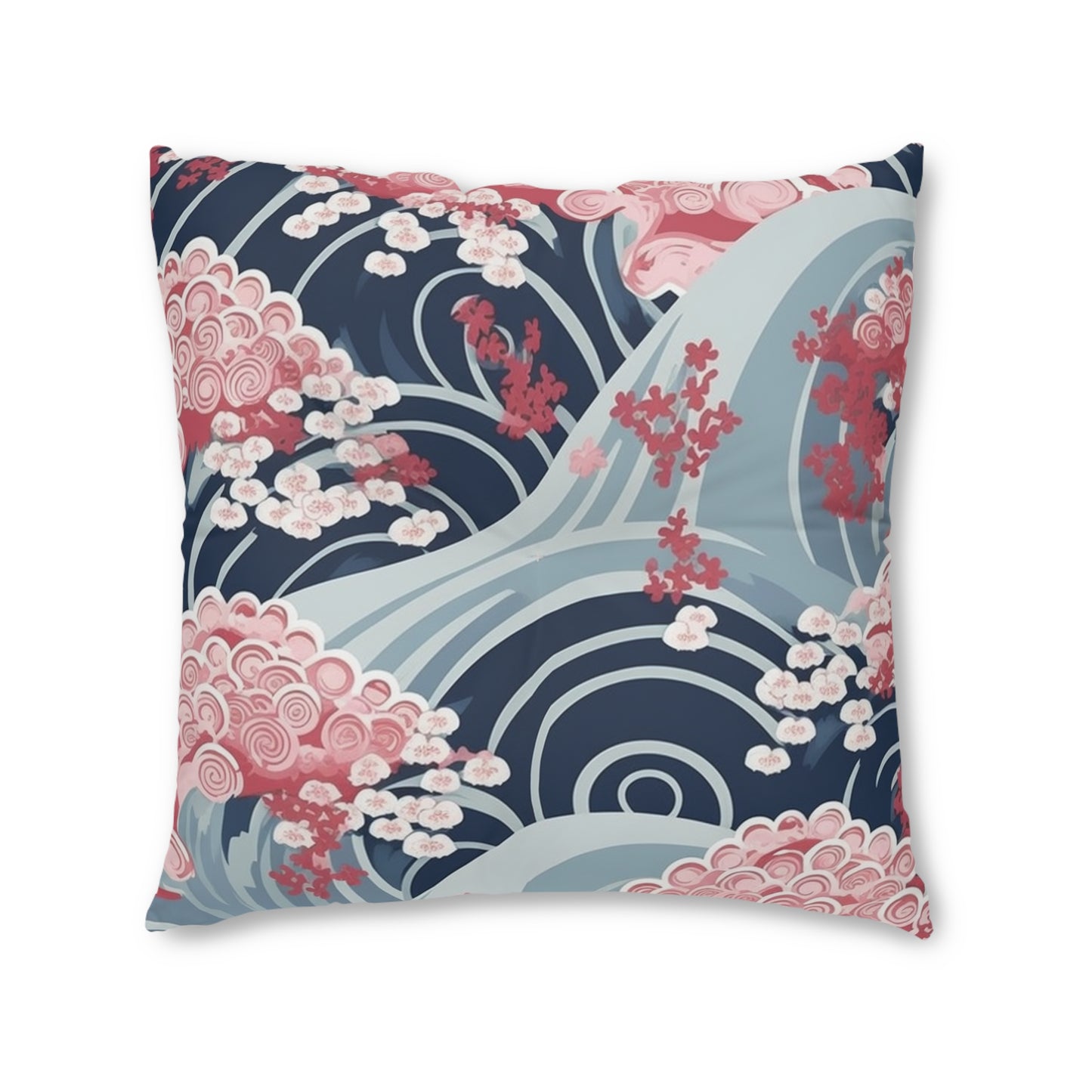 Japanese Minimalist Waves & Cherry Blossoms Pattern Tufted Floor Pillow, Square