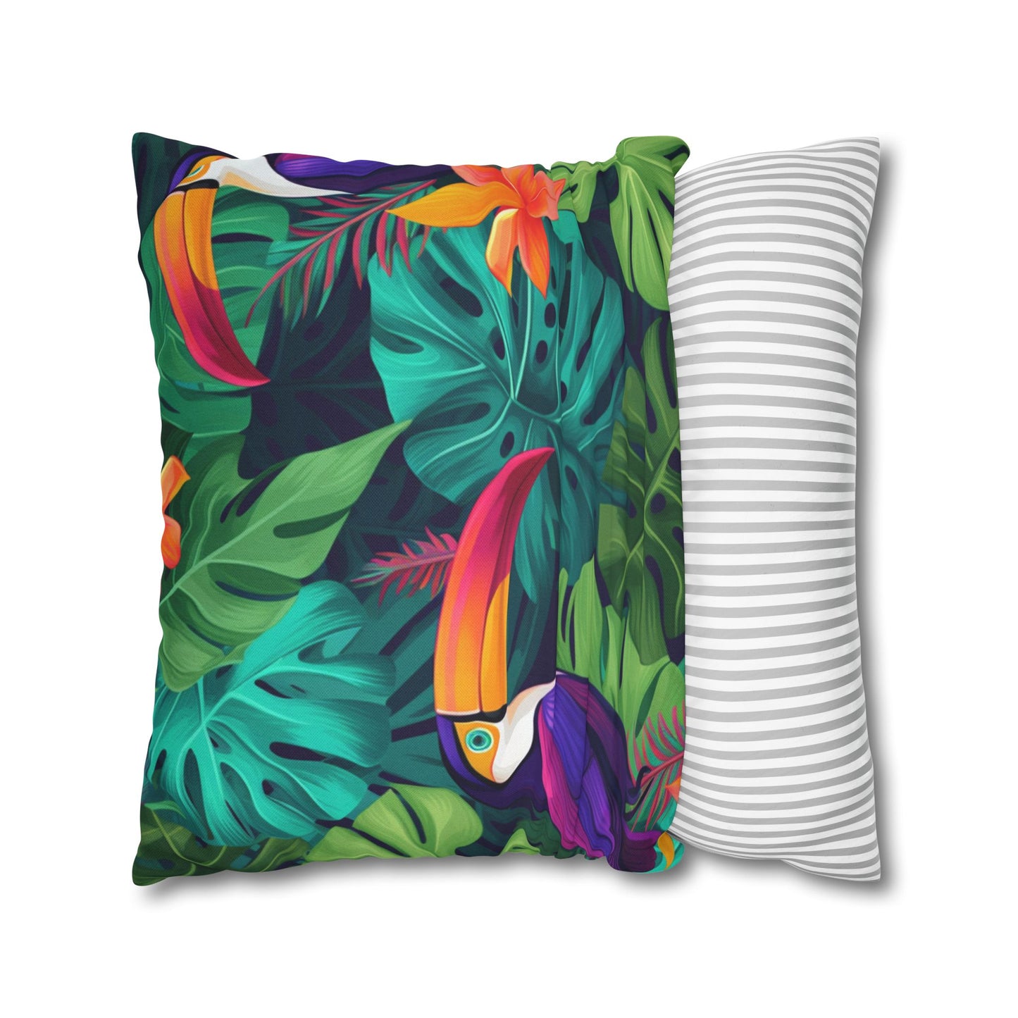 Vivid Tropical Birds & Leaves - Seamless Pattern Spun Polyester Square Pillow Case