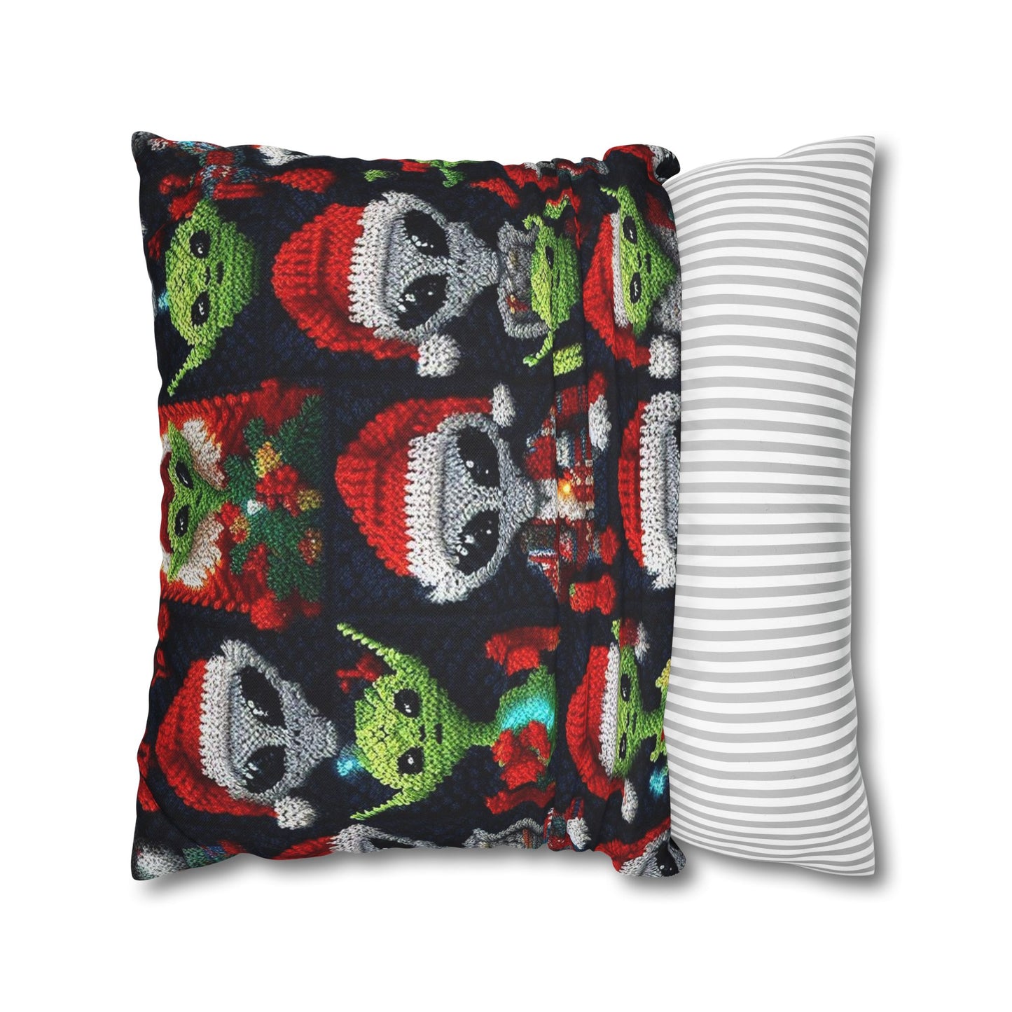 Festive Alien Invasion: Intergalactic Christmas Holiday Cheer with Santa Hats and Seasonal Gifts Crochet Pattern - Spun Polyester Square Pillow Case