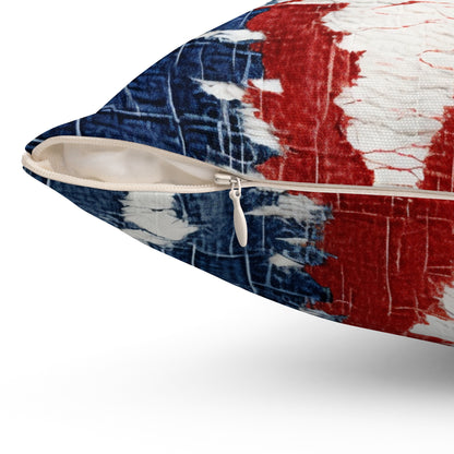 Patriotic Red, White & Blue: Distressed Denim-Style, Torn Fabric - Spun Polyester Square Pillow