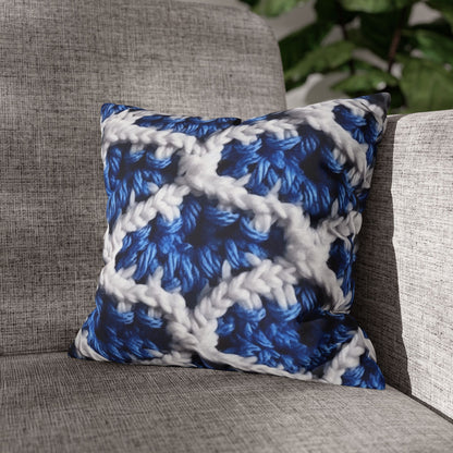 Blueberry Blue Crochet, White Accents, Classic Textured Pattern - Spun Polyester Square Pillow Case