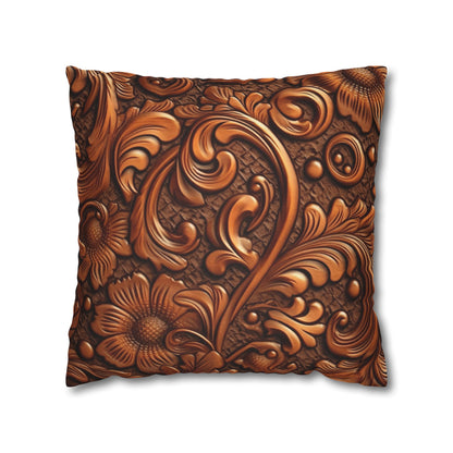 Leather Flower Cognac Classic Brown Timeless American Cowboy Design - Spun Polyester Square Pillow Case