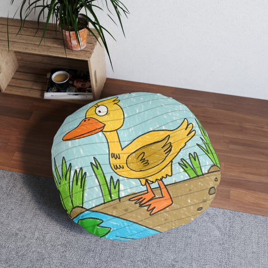 Yellow Duck Bird Pond Tufted Floor Pillow, Round