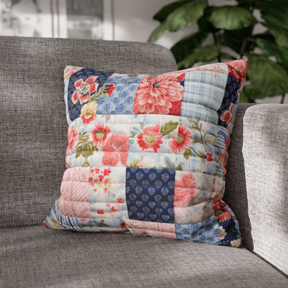 Floral Harmony Quilt, Blossom Patchwork, Blue and Pink Quilted Patterns, Garden Quilt, Soft Pastel Quilting Squares Design - Spun Polyester Square Pillow Case