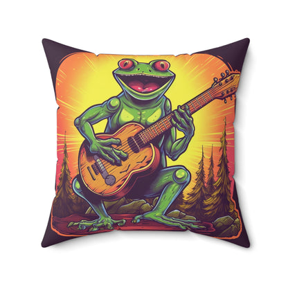 Classic Frog ontop a log Style Guitar Playing Musician Spun Polyester Square Pillow