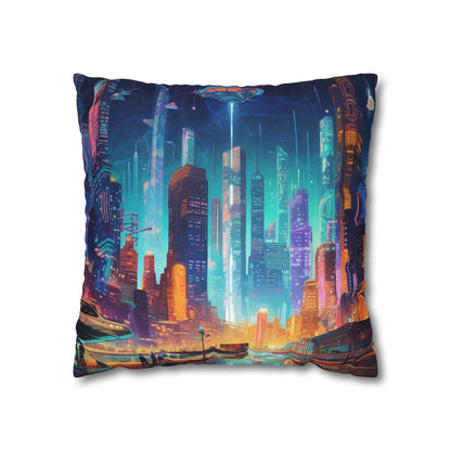 Futuristic Neon Cyberpunk Cityscape Art Design Spun Polyester Square Pillow Case