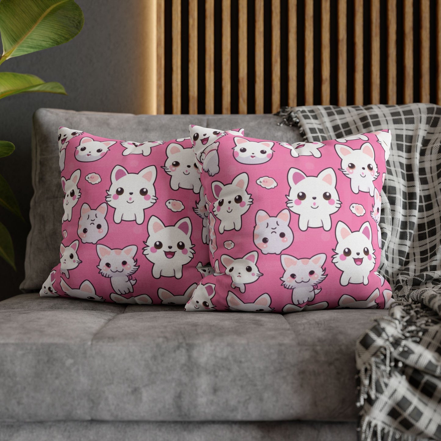 Adorable Cartoon-Style Anime Kitten, Cat, Kitty Pattern - Cute and Colorful - Spun Polyester Square Pillow Case