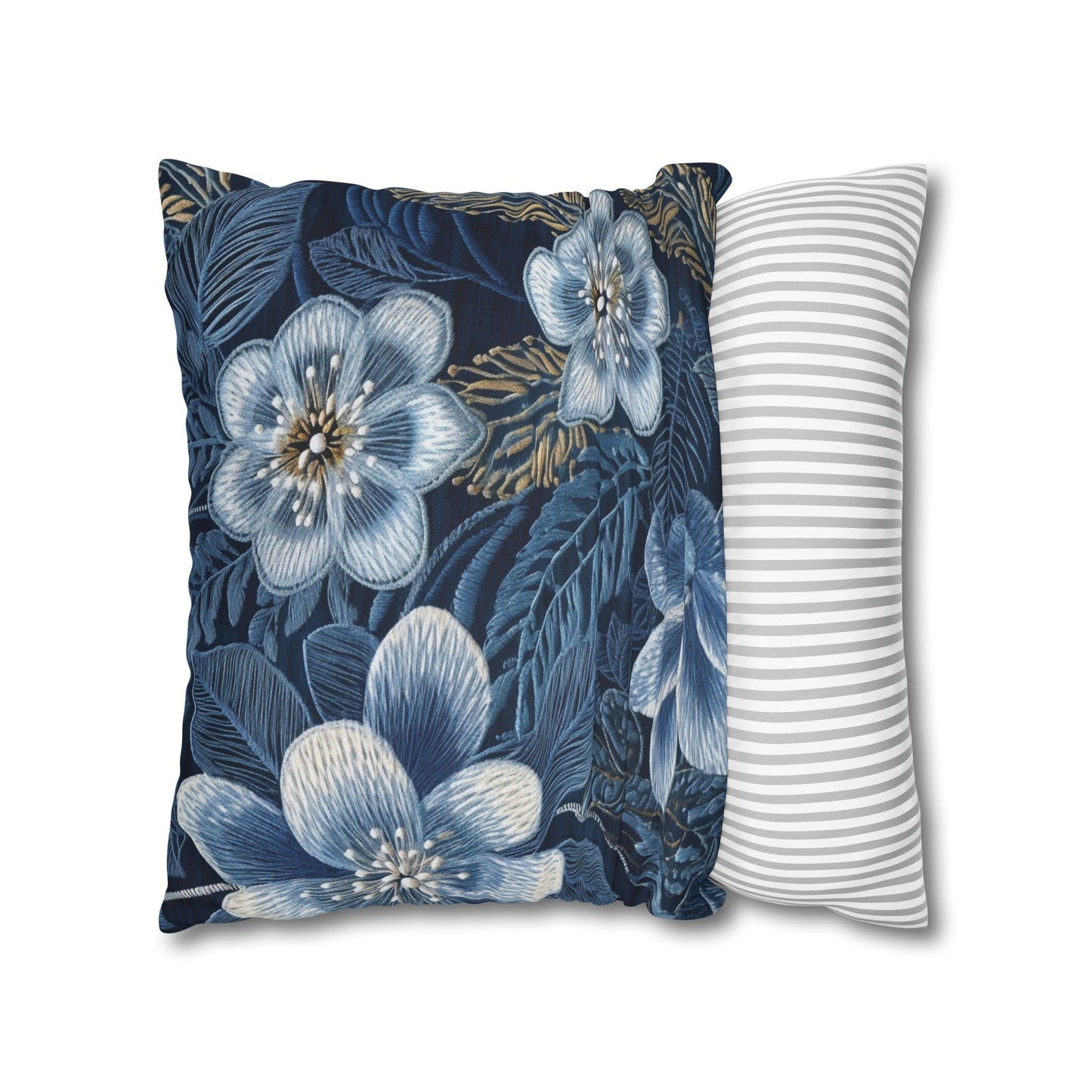 Flower Blossom Embroidery Floral on Denim Style - Spun Polyester Square Pillow Case