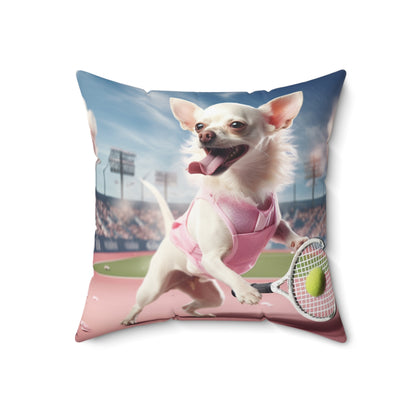 Chihuahua Tennis Ace: Dog Pink Outfit, Court Atheletic Sport Game - Spun Polyester Square Pillow