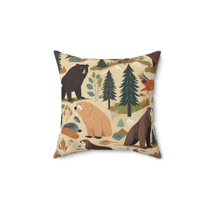 U.S. Wilderness Inspired: Grizzly Bears, Animals Pattern Spun Polyester Square Pillow