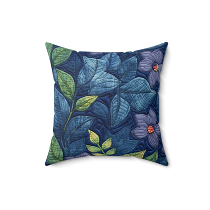 Floral Embroidery Blue: Denim-Inspired, Artisan-Crafted Flower Design - Spun Polyester Square Pillow