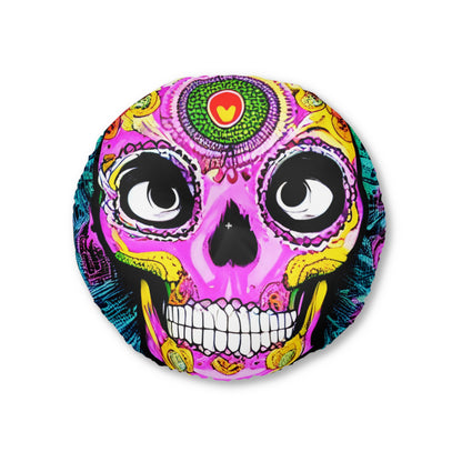 Trippy psychedelic Skull Skeleton Head Face Tufted Floor Pillow, Round