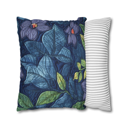 Floral Embroidery Blue: Denim-Inspired, Artisan-Crafted Flower Design - Spun Polyester Square Pillow Case